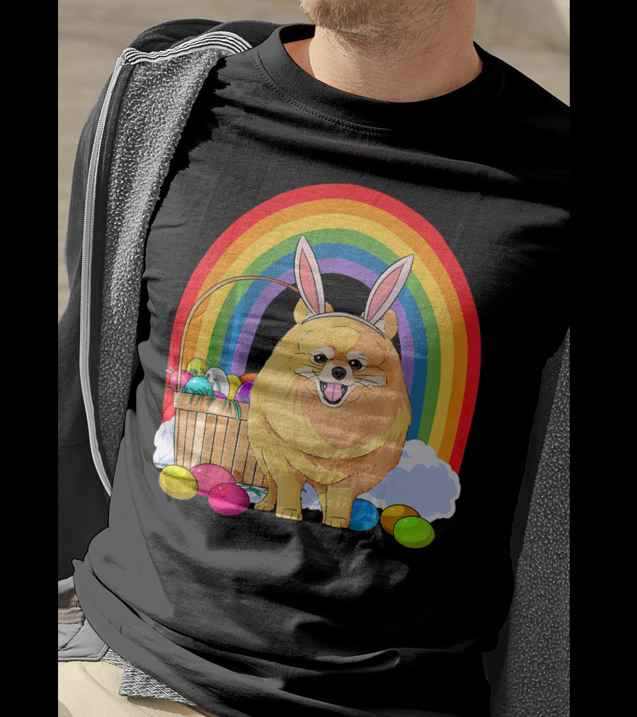 Easter Eggs Pomeranian Bunny Dog Rainbow Basket T-Shirt