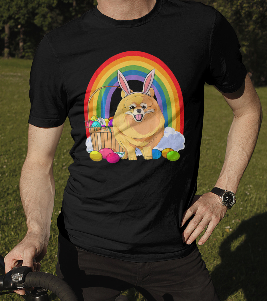 Easter Eggs Pomeranian Bunny Dog Rainbow Basket T-Shirt
