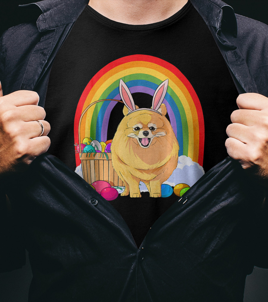 Easter Eggs Pomeranian Bunny Dog Rainbow Basket T-Shirt