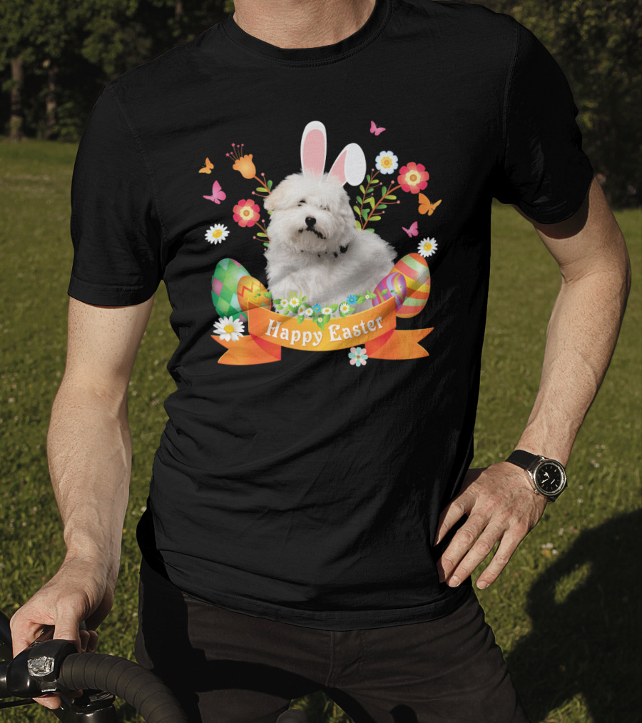 Happy Easter Bunny Coton De Tulear Dog With Eggs And Flowers T-Shirt