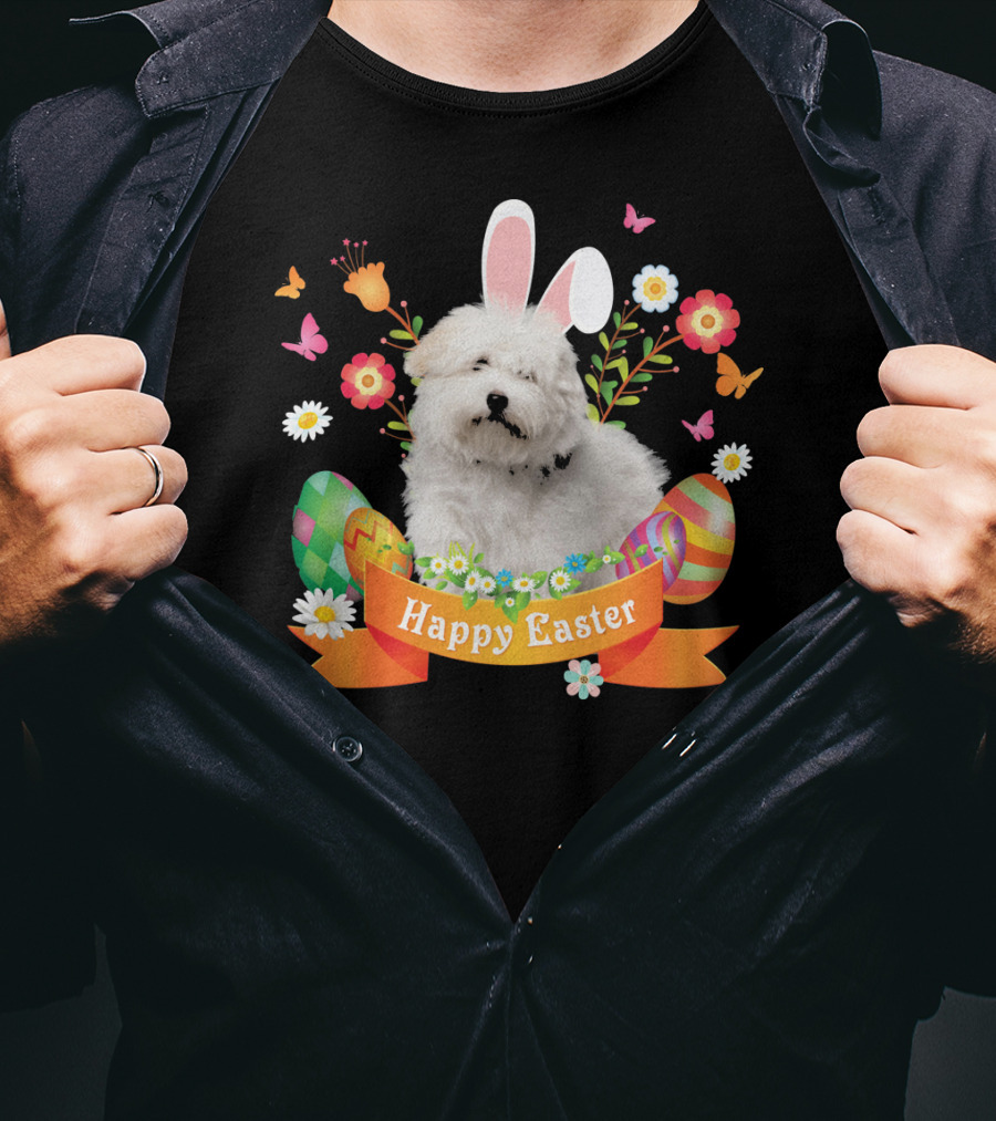 Happy Easter Bunny Coton De Tulear Dog With Eggs And Flowers T-Shirt