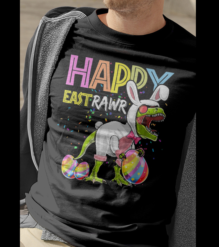 Happy Eastrawr Dinosaur Bunny With Eggs And Confetti T-Shirt