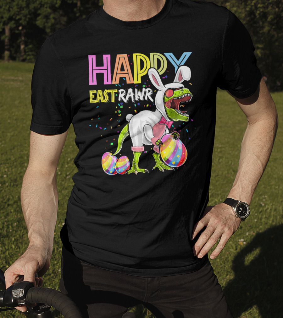 Happy Eastrawr Dinosaur Bunny With Eggs And Confetti T-Shirt