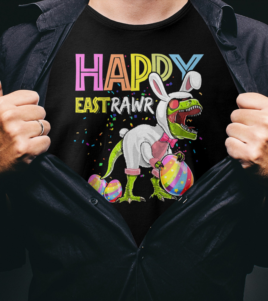Happy Eastrawr Dinosaur Bunny With Eggs And Confetti T-Shirt