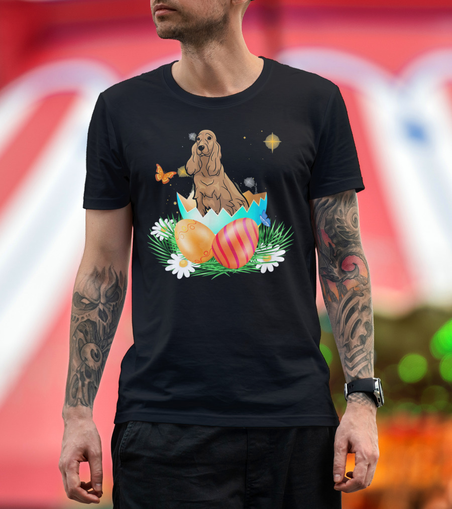 Easter Day Cocker Spaniel in Egg with Butterflies and Daisies T-Shirt