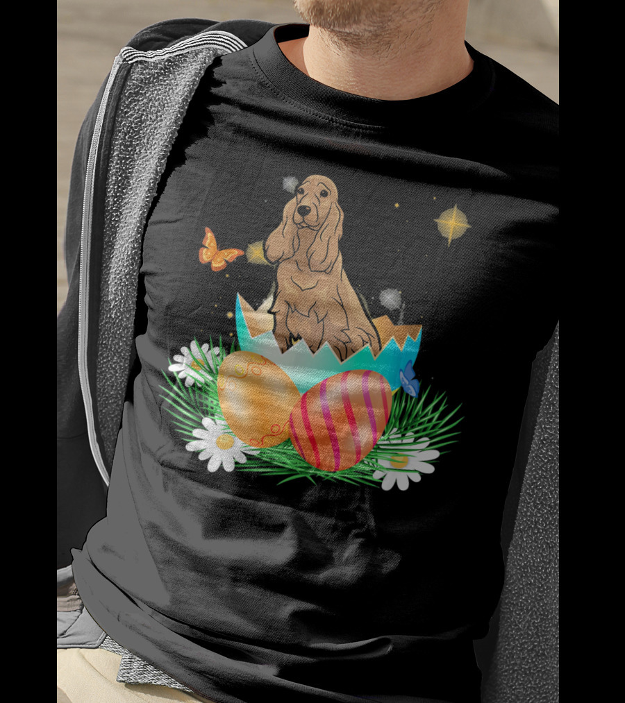 Easter Day Cocker Spaniel In Egg With Butterflies And Daisies T-Shirt