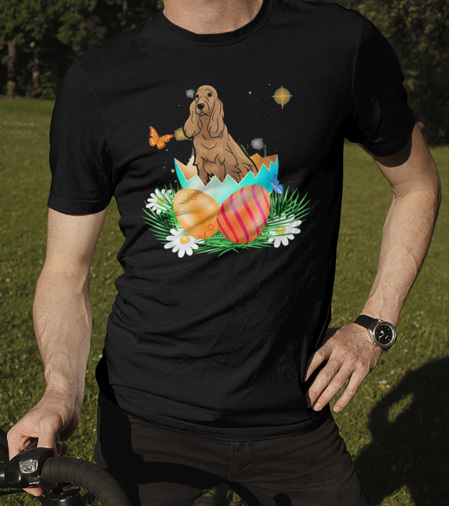 Easter Day Cocker Spaniel In Egg With Butterflies And Daisies T-Shirt