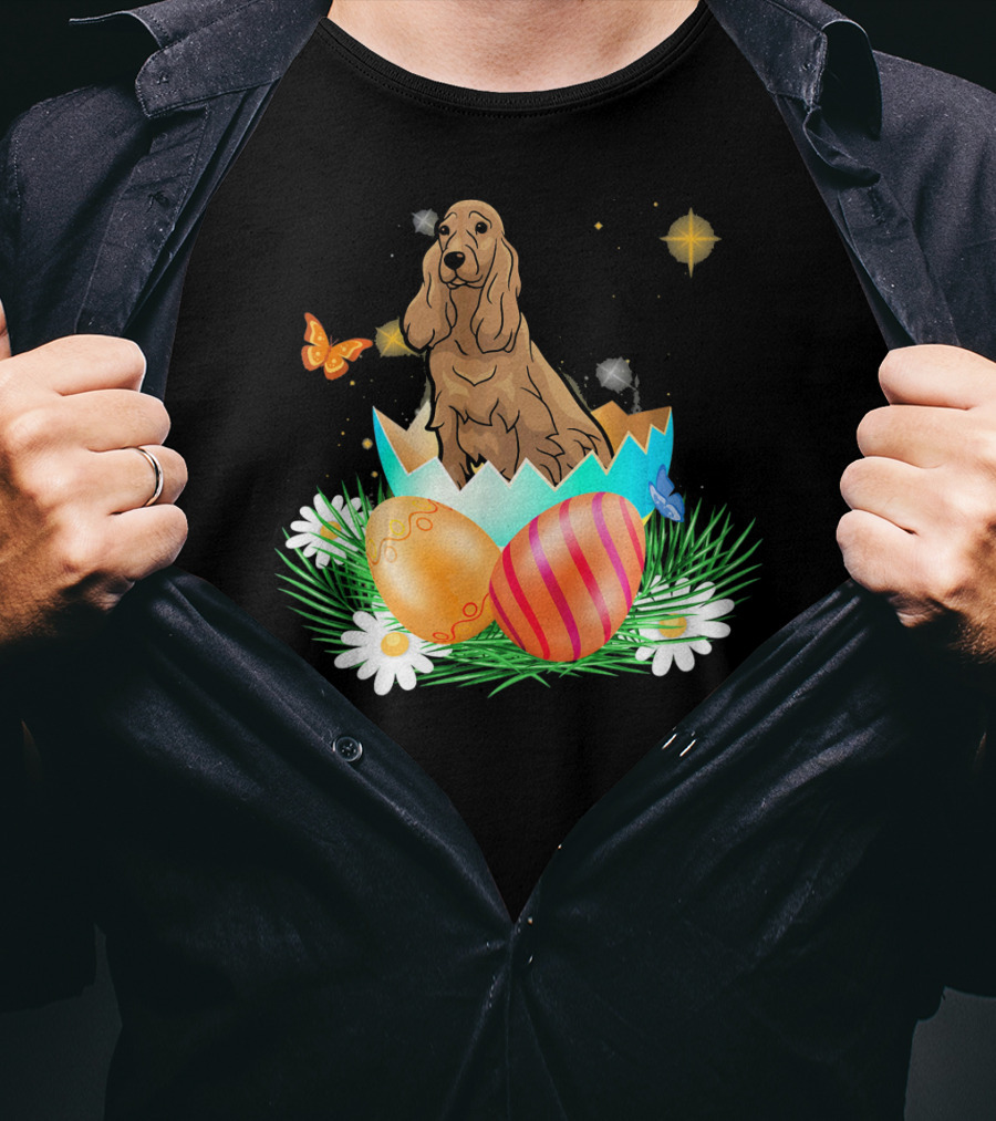 Easter Day Cocker Spaniel In Egg With Butterflies And Daisies T-Shirt