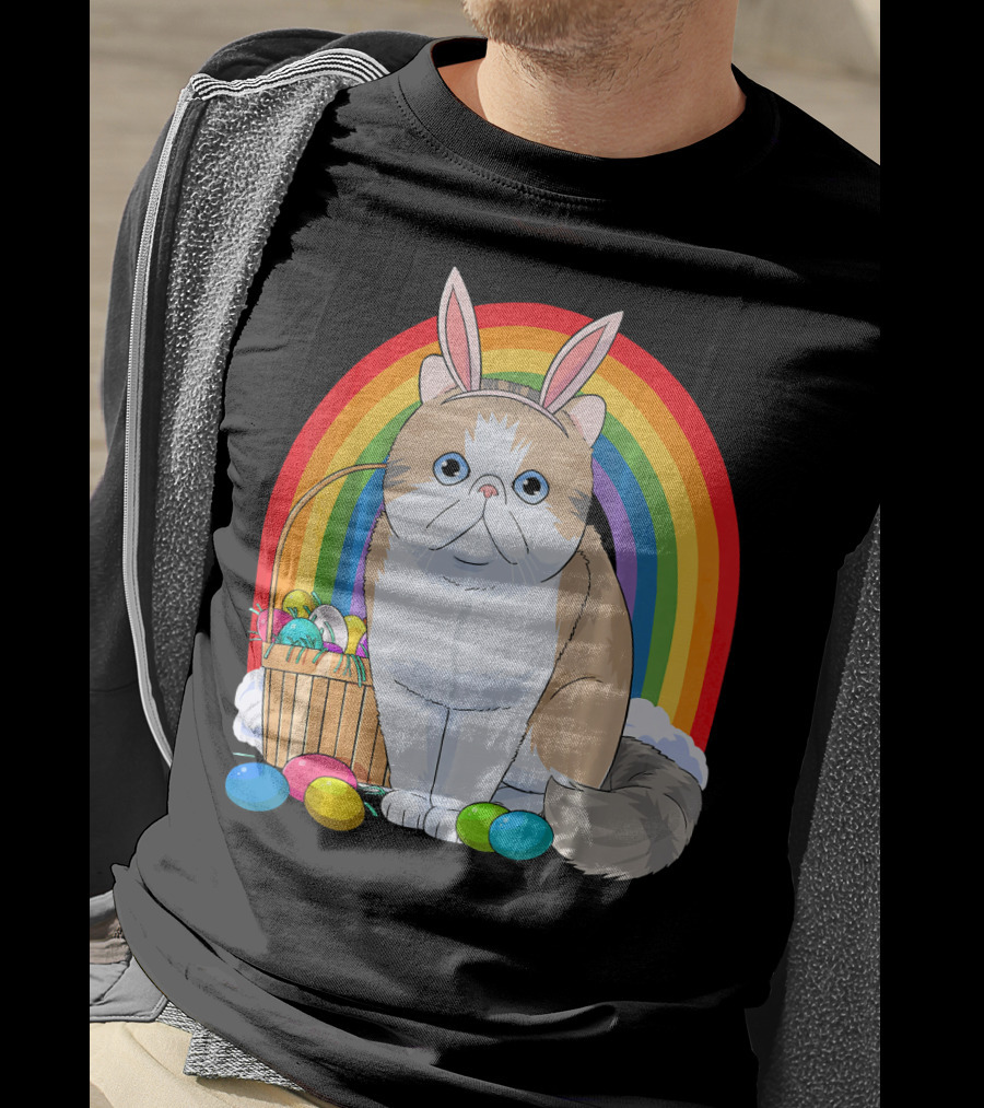 Exotic Shorthair Cat Bunny With Easter Eggs In Front Of Rainbow T-Shirt