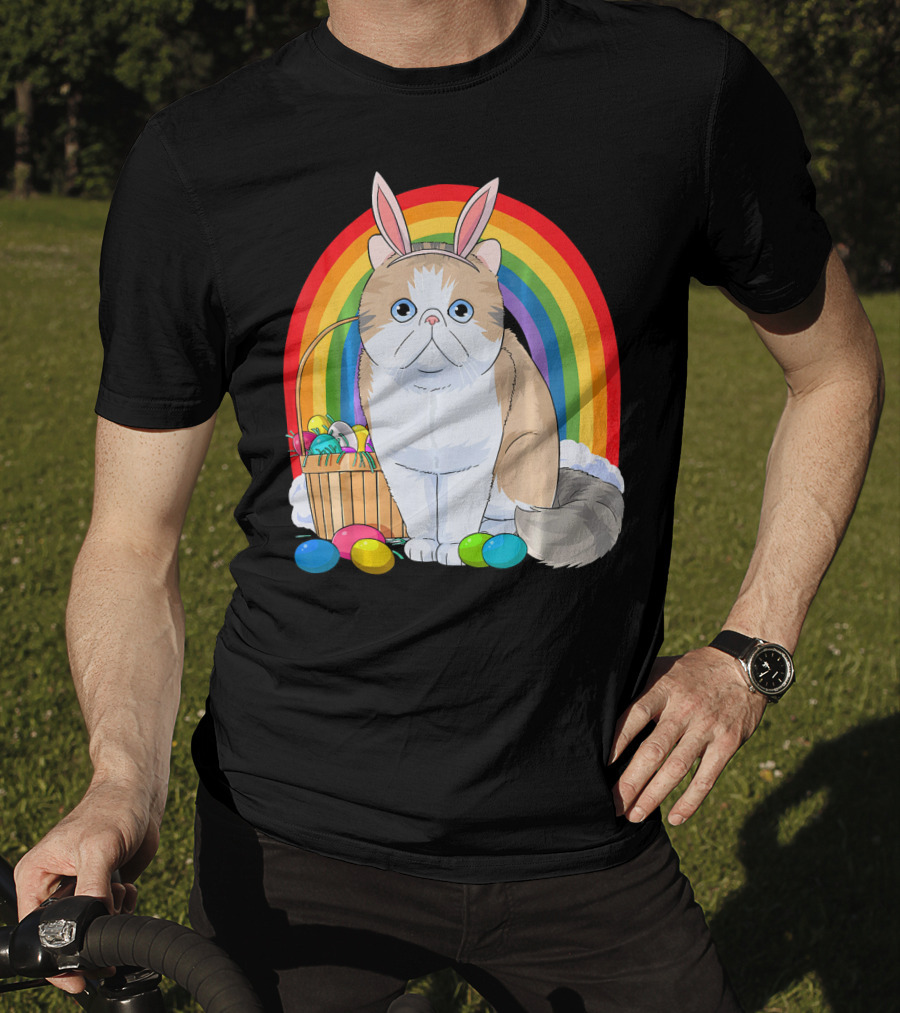 Exotic Shorthair Cat Bunny With Easter Eggs In Front Of Rainbow T-Shirt