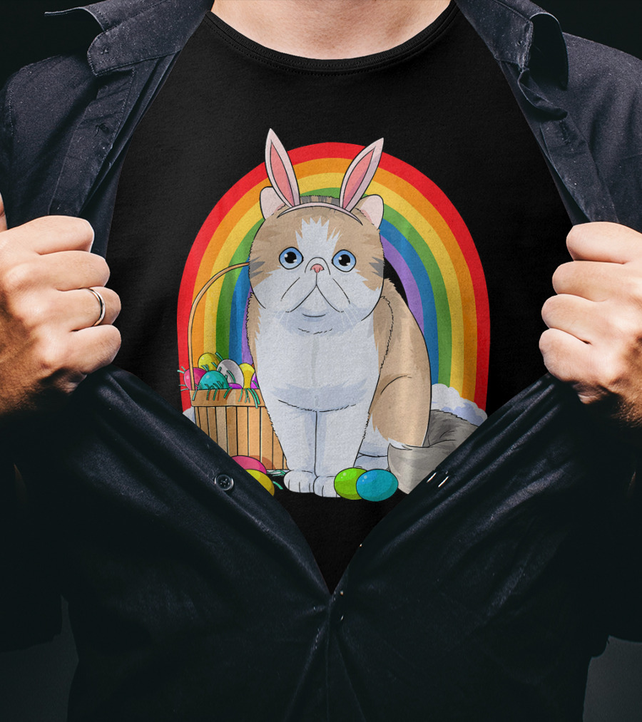 Exotic Shorthair Cat Bunny With Easter Eggs In Front Of Rainbow T-Shirt