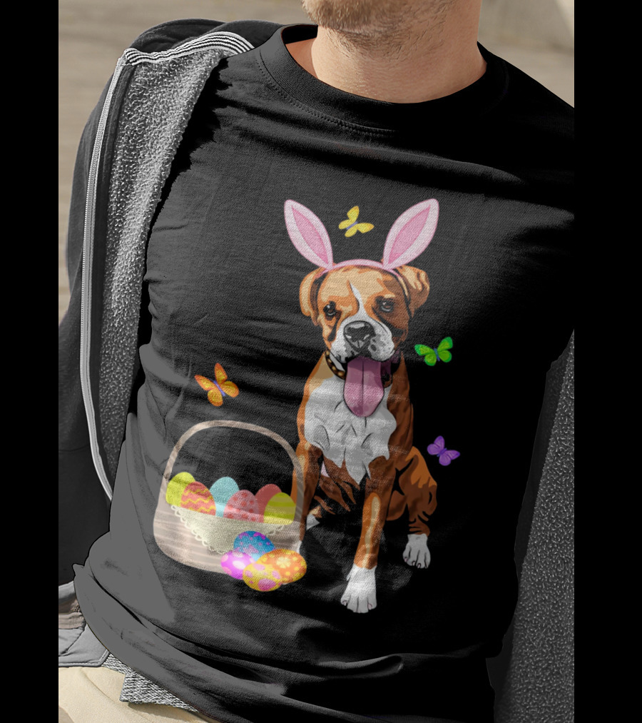 Girls Happy Easter Bunny Boxer Dog With Easter Eggs And Butterflies T-Shirt
