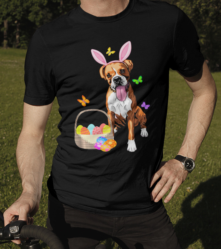 Girls Happy Easter Bunny Boxer Dog With Easter Eggs And Butterflies T-Shirt