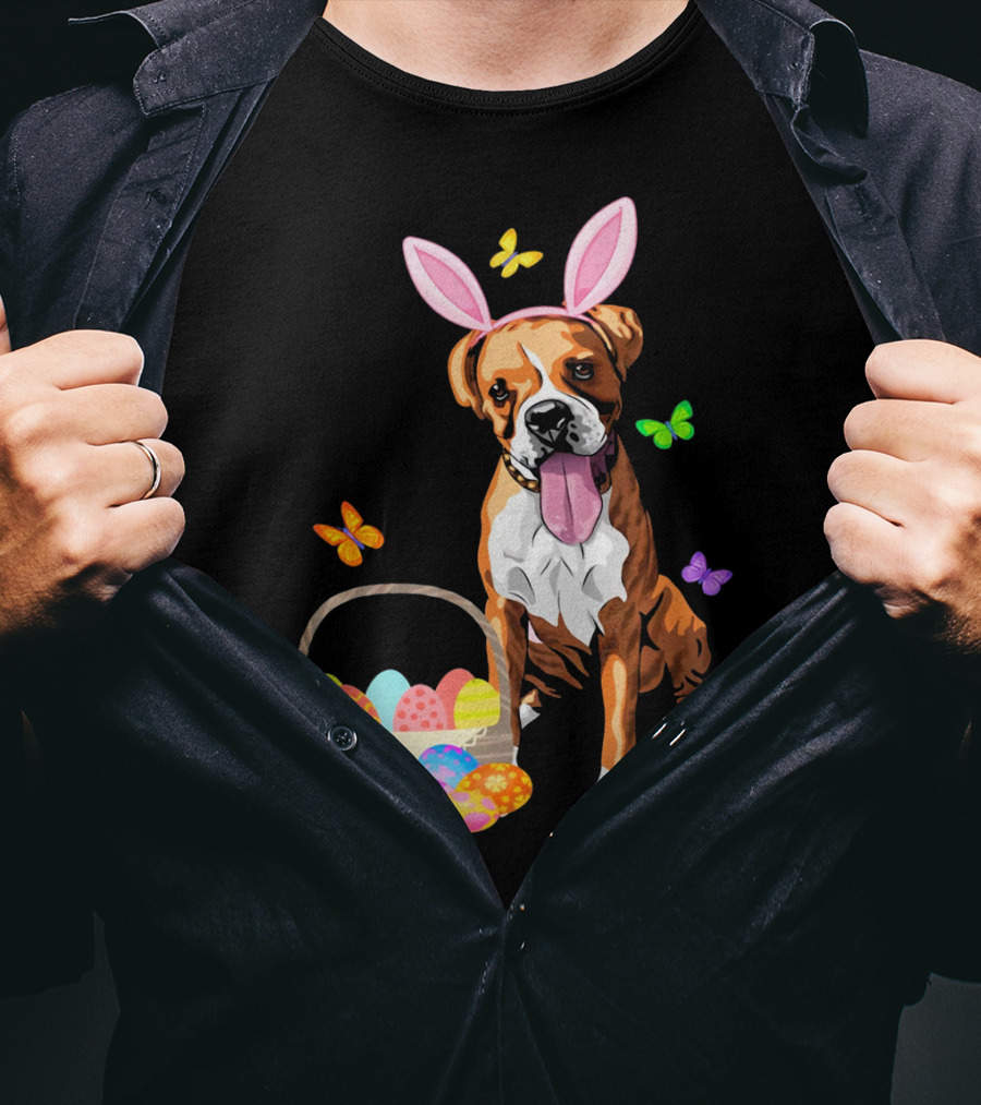 Girls Happy Easter Bunny Boxer Dog With Easter Eggs And Butterflies T-Shirt