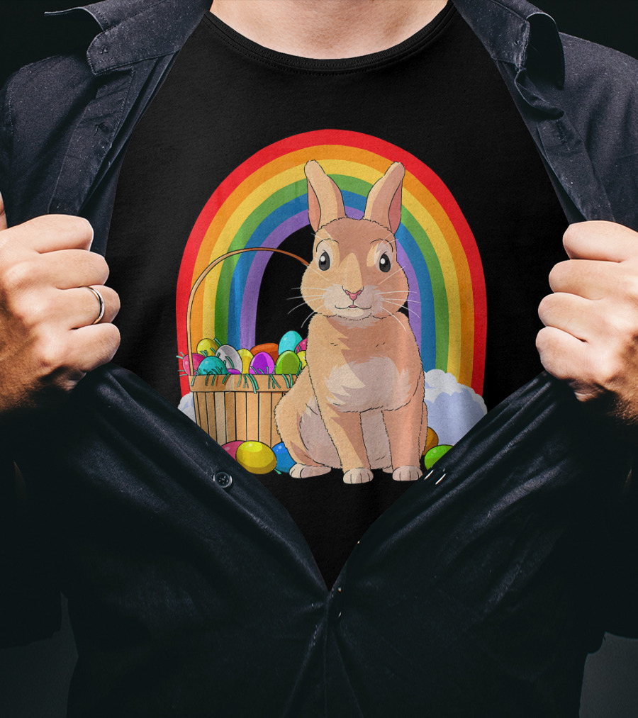 Bunny Rabbit With Easter Eggs And Rainbow For Kids Easter T-Shirt