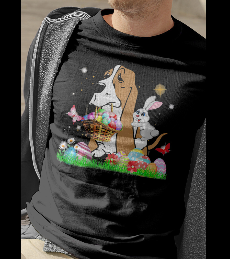 Basset Hound With Easter Eggs Basket And Bunny Surrounded By Colorful Eggs And Flowers T-Shirt