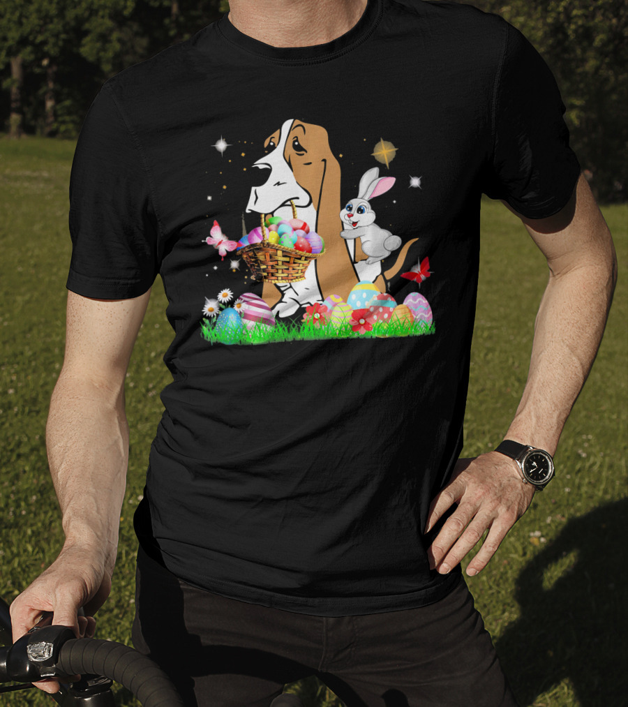 Basset Hound With Easter Eggs Basket And Bunny Surrounded By Colorful Eggs And Flowers T-Shirt