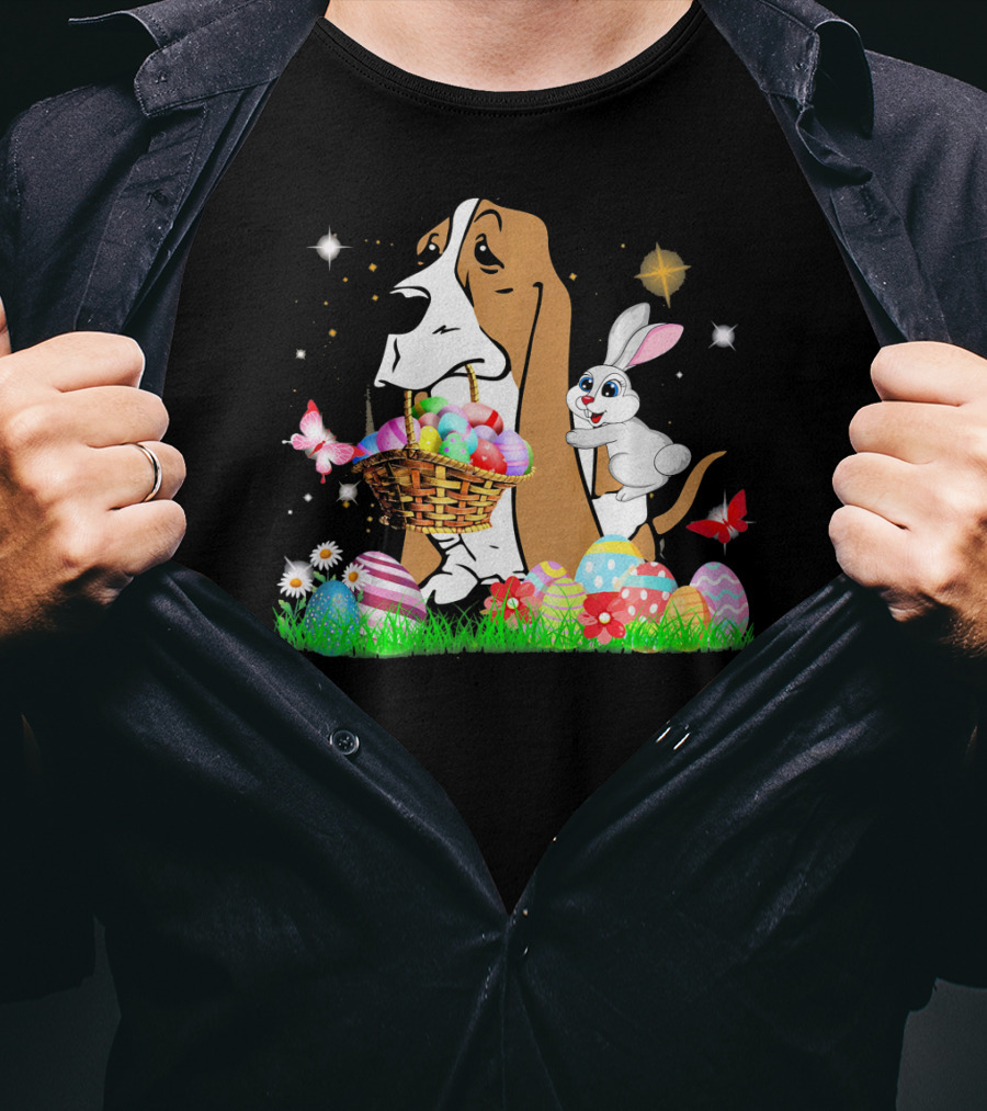 Basset Hound With Easter Eggs Basket And Bunny Surrounded By Colorful Eggs And Flowers T-Shirt
