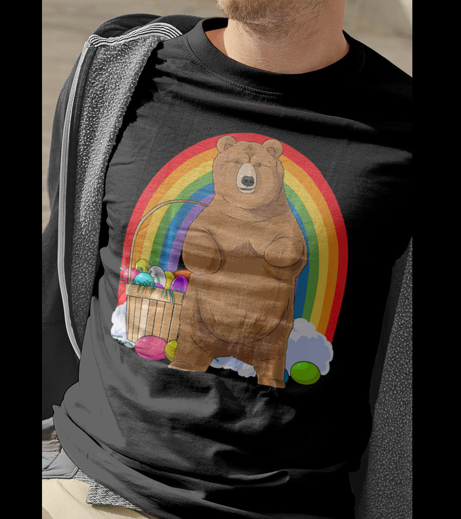 Bear With Easter Egg Basket And Rainbow Background T-Shirt
