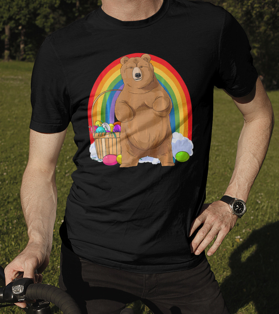 Bear With Easter Egg Basket And Rainbow Background T-Shirt