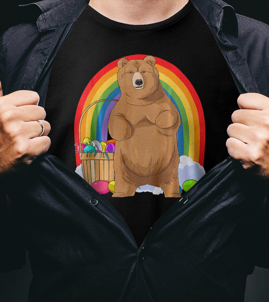 Bear With Easter Egg Basket And Rainbow Background T-Shirt