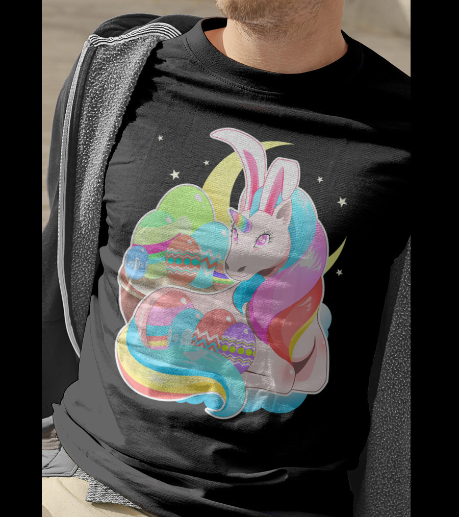 Unicorn Easter Bunny Ears Holiday Pastel Eggs And Moon Stars T-Shirt