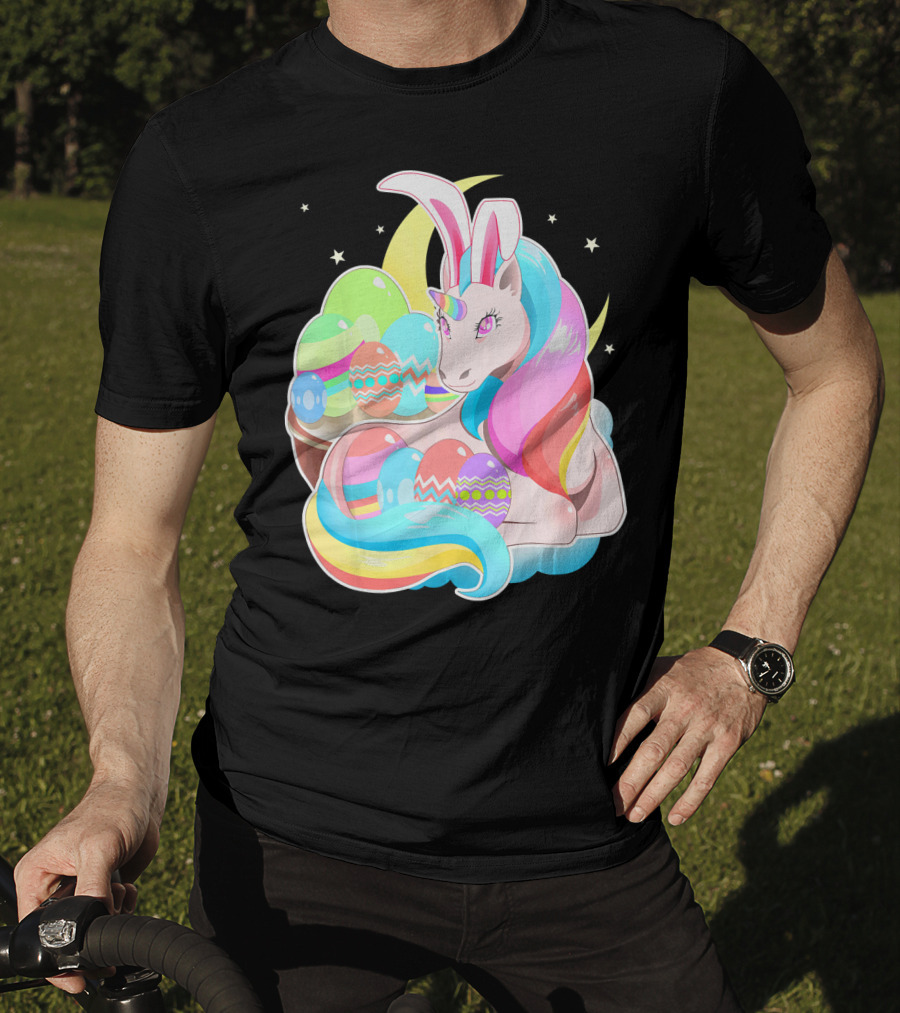 Unicorn Easter Bunny Ears Holiday Pastel Eggs And Moon Stars T-Shirt