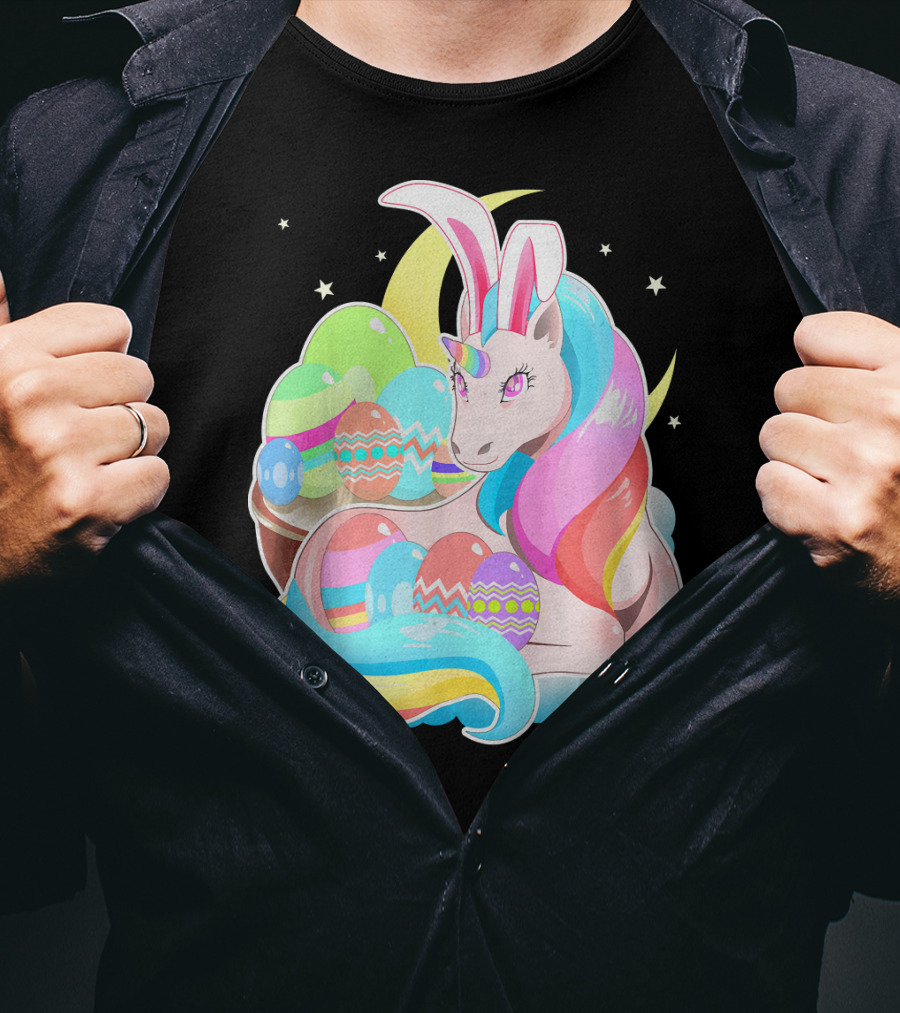 Unicorn Easter Bunny Ears Holiday Pastel Eggs And Moon Stars T-Shirt