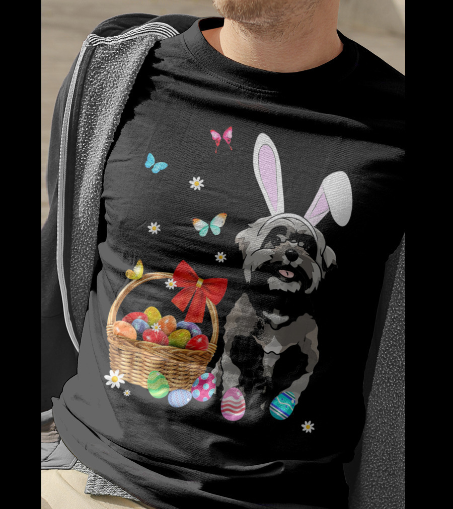 Shih Tzu With Bunny Ears And Easter Egg Basket With Butterflies And Flowers T-Shirt