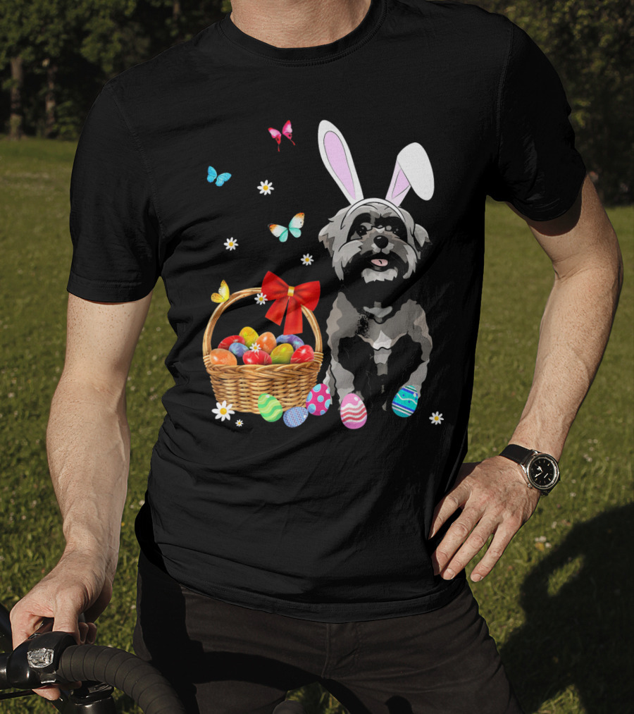 Shih Tzu With Bunny Ears And Easter Egg Basket With Butterflies And Flowers T-Shirt