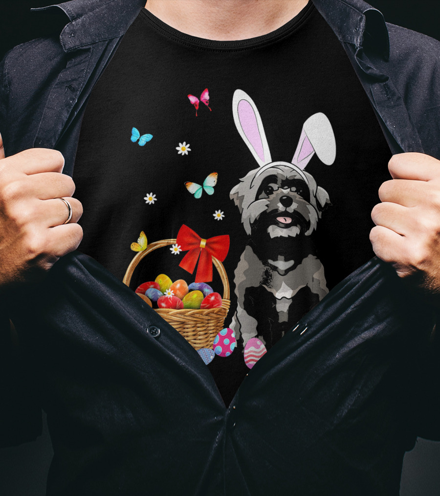 Shih Tzu With Bunny Ears And Easter Egg Basket With Butterflies And Flowers T-Shirt