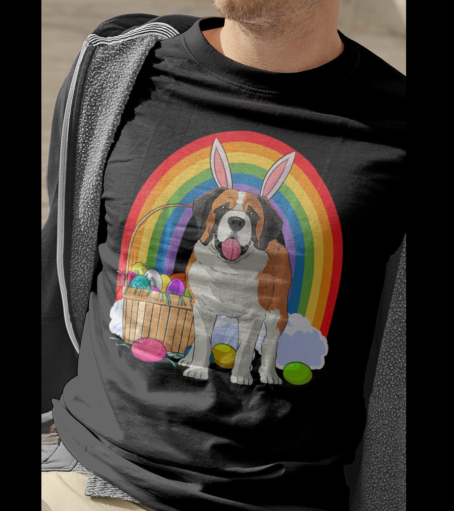 Saint Bernard Bunny Dog With Easter Eggs And Rainbow T-Shirt