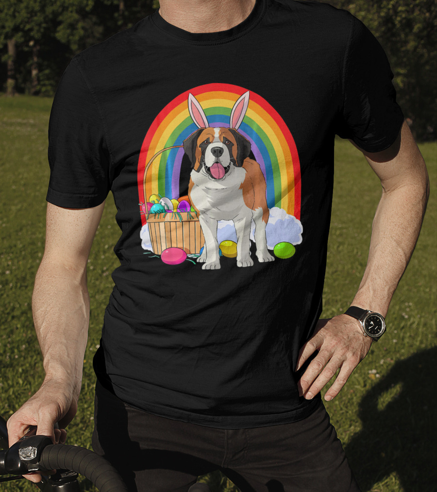 Saint Bernard Bunny Dog With Easter Eggs And Rainbow T-Shirt