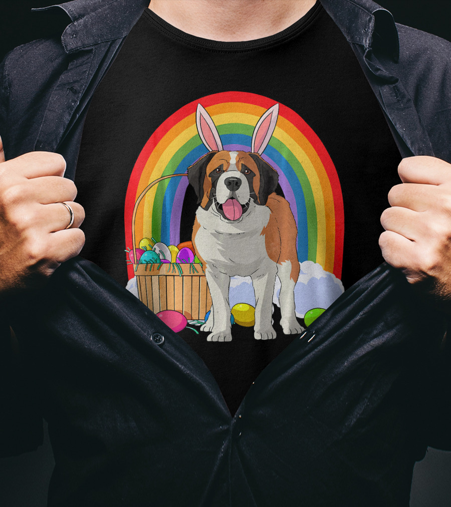 Saint Bernard Bunny Dog With Easter Eggs And Rainbow T-Shirt
