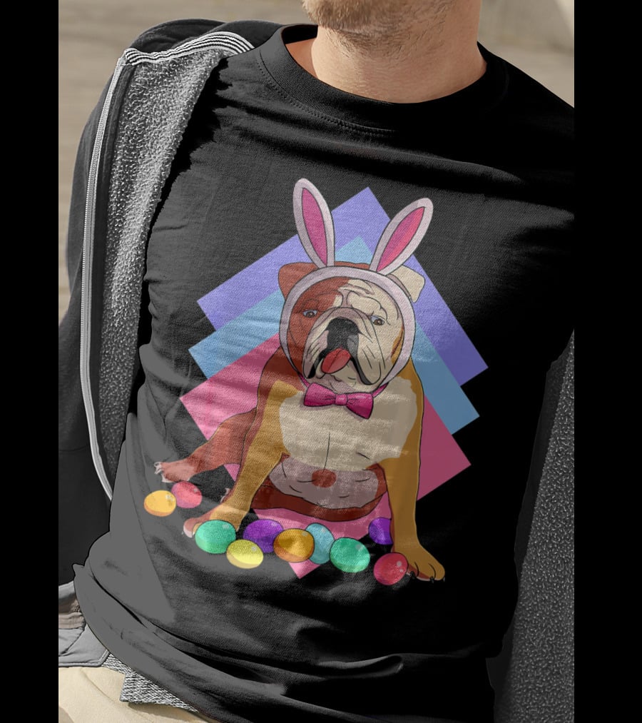 Easter Eggs Bulldog With Bunny Ears And Bowtie T-Shirt