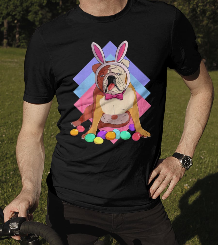 Easter Eggs Bulldog With Bunny Ears And Bowtie T-Shirt
