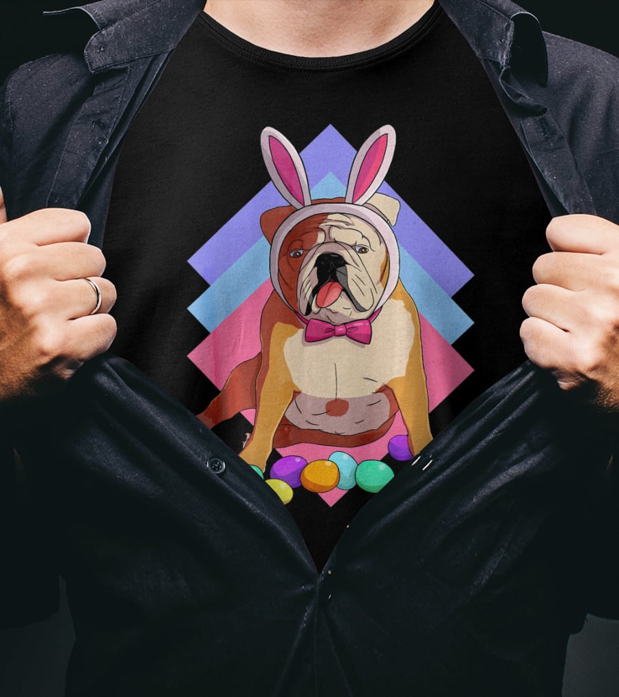 Easter Eggs Bulldog With Bunny Ears And Bowtie T-Shirt