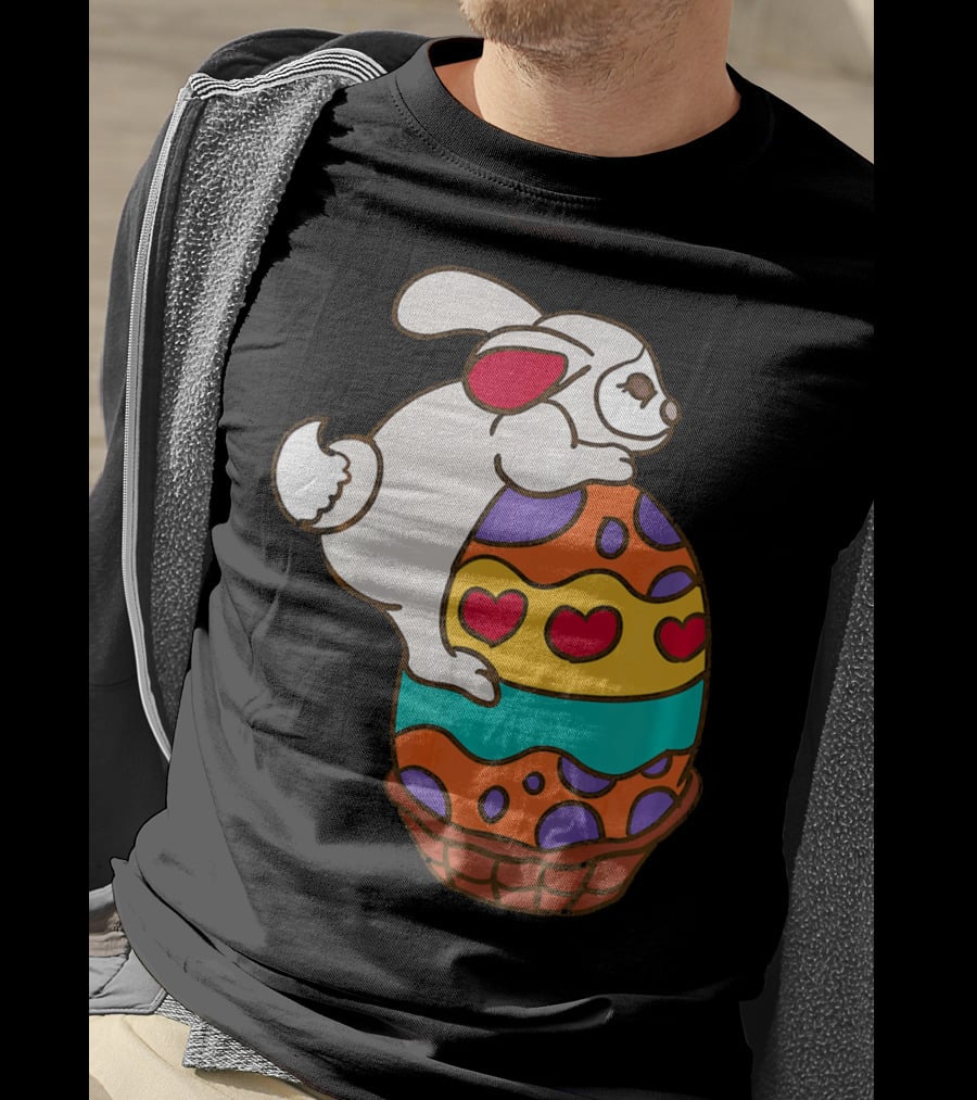 Easter Bunny Hugging Colorful Heart Patterned Egg T-Shirt
