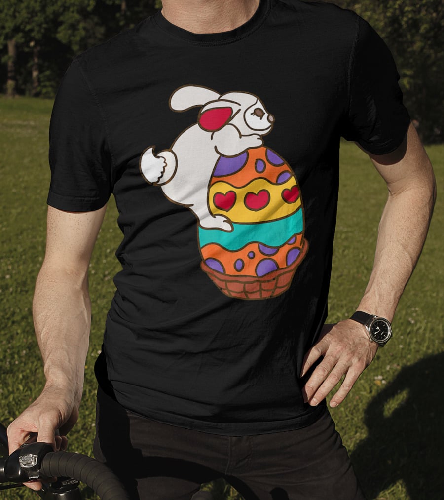 Easter Bunny Hugging Colorful Heart Patterned Egg T-Shirt