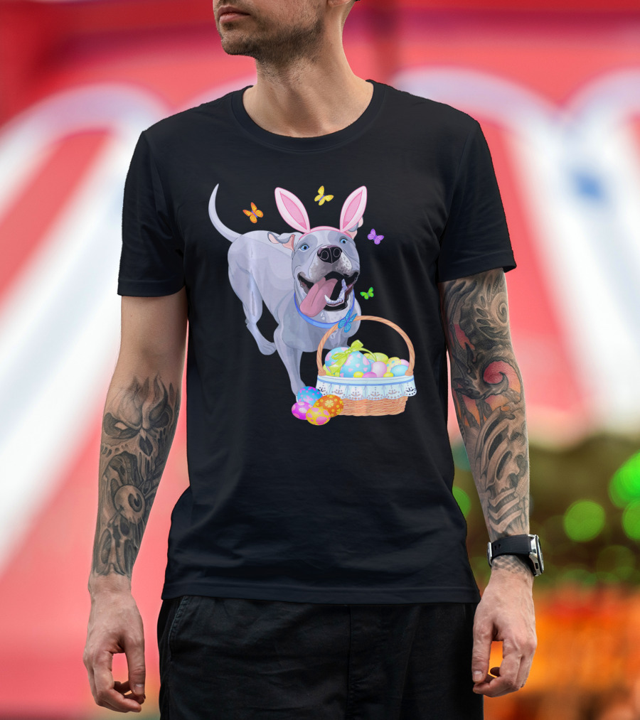 Gray Pit Bull Puppy with Bunny Ears and Easter Basket T-Shirt