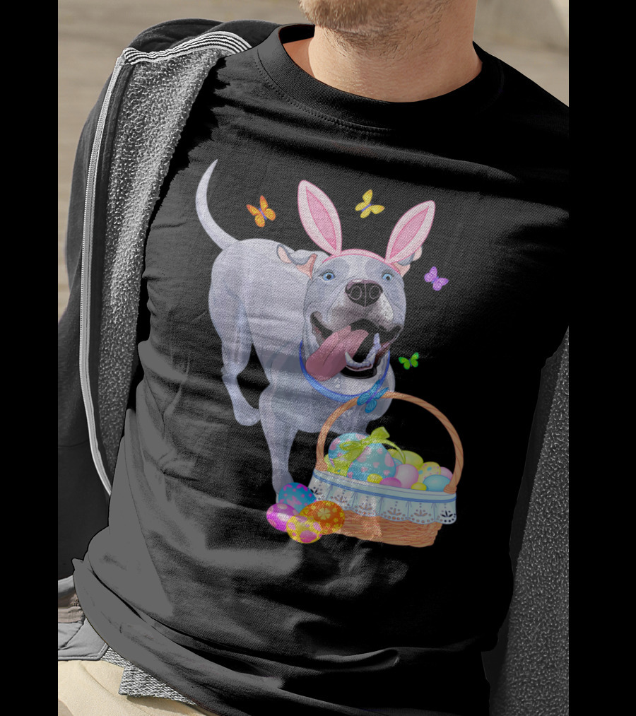 Gray Pit Bull Puppy With Bunny Ears And Easter Basket T-Shirt