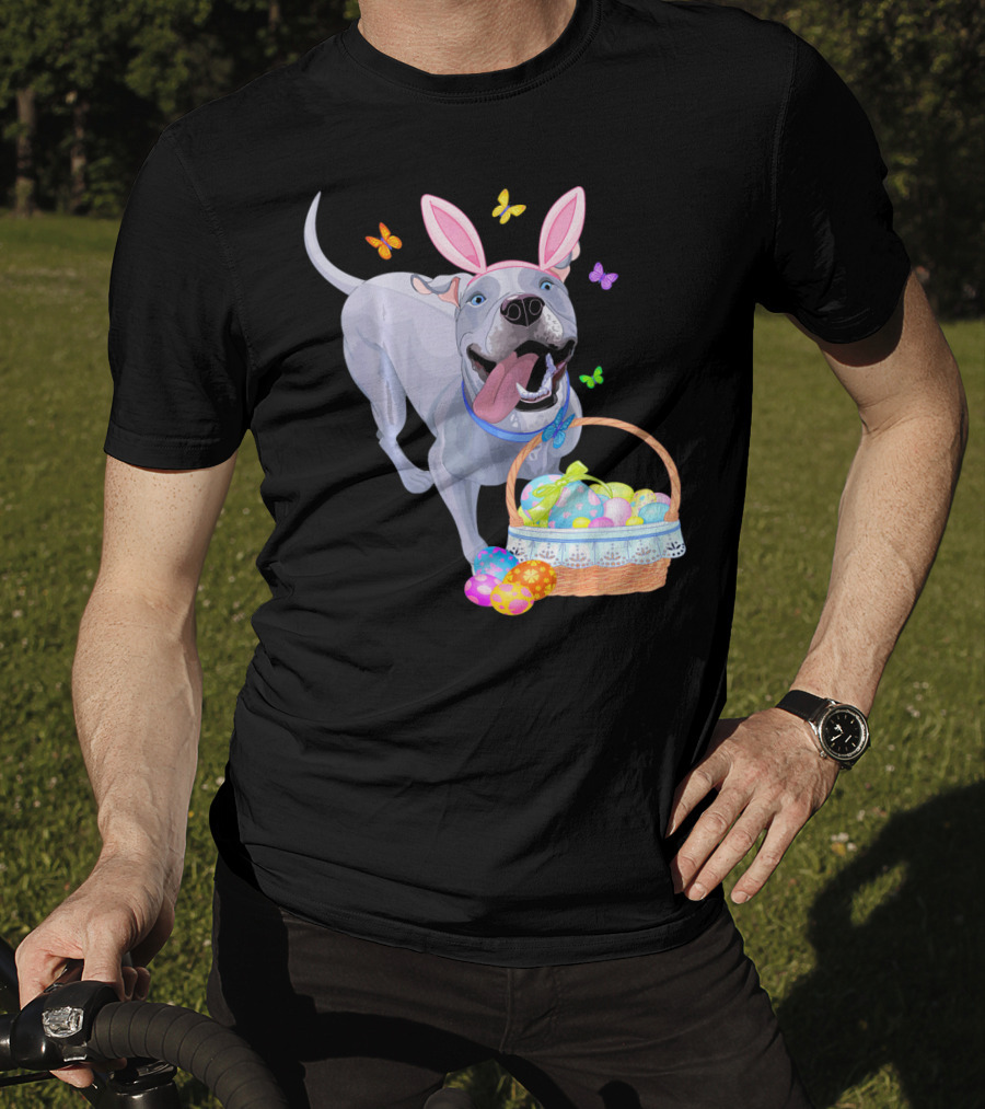Gray Pit Bull Puppy With Bunny Ears And Easter Basket T-Shirt