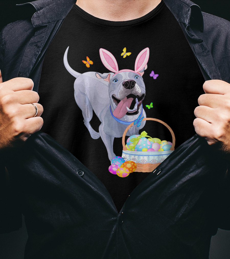Gray Pit Bull Puppy With Bunny Ears And Easter Basket T-Shirt