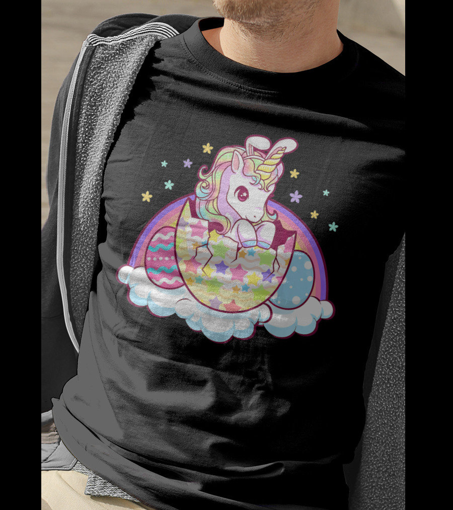 Easter Unicorn Hatching From Egg With Rainbow And Stars T-Shirt