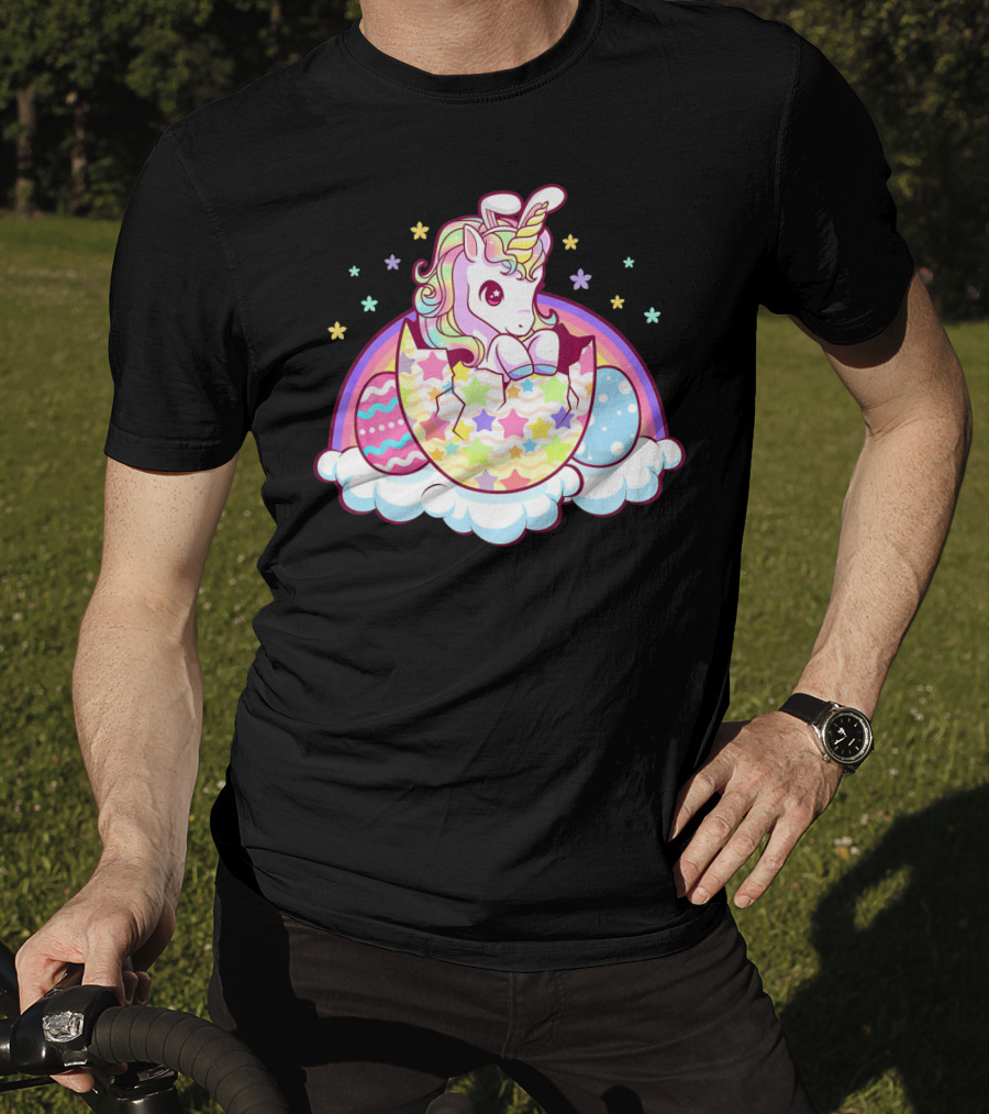 Easter Unicorn Hatching From Egg With Rainbow And Stars T-Shirt