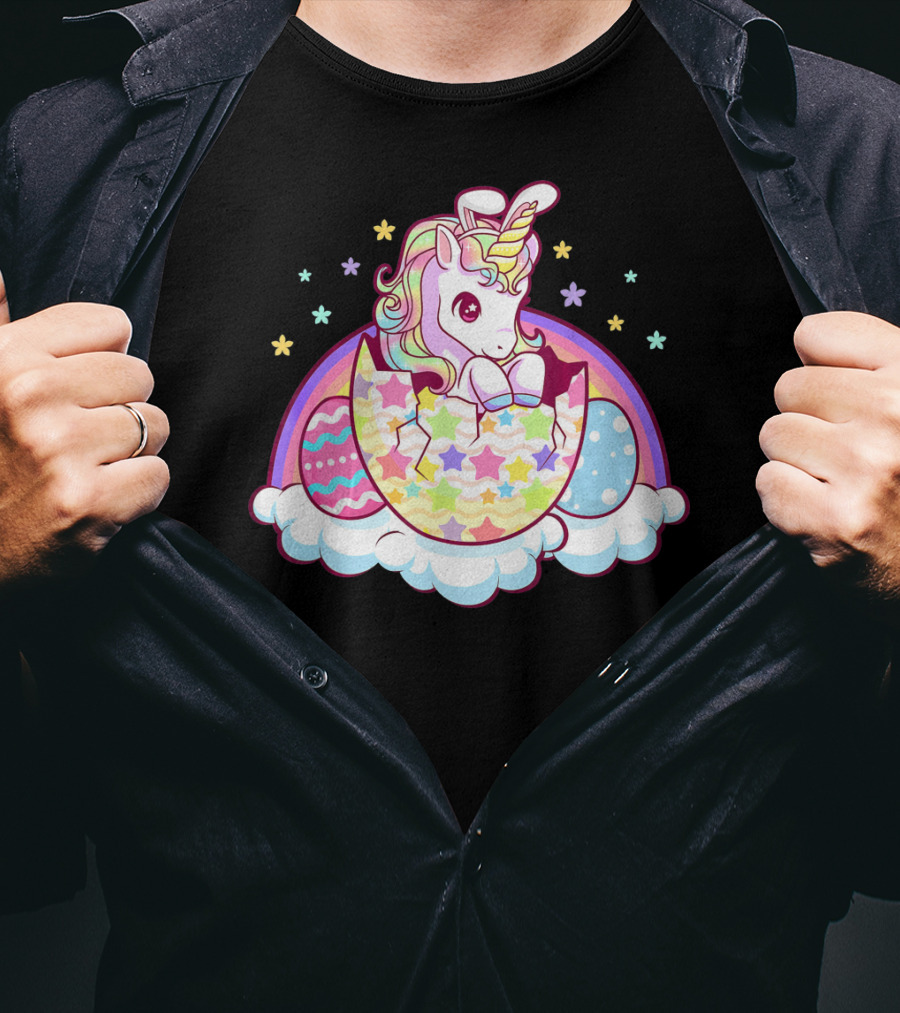 Easter Unicorn Hatching From Egg With Rainbow And Stars T-Shirt