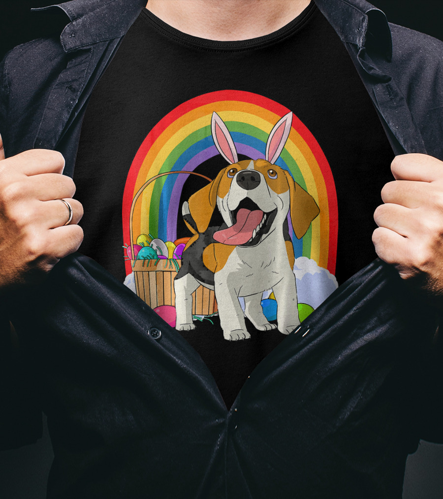 Easter Eggs Beagle Bunny Dog Rainbow Basket T-Shirt