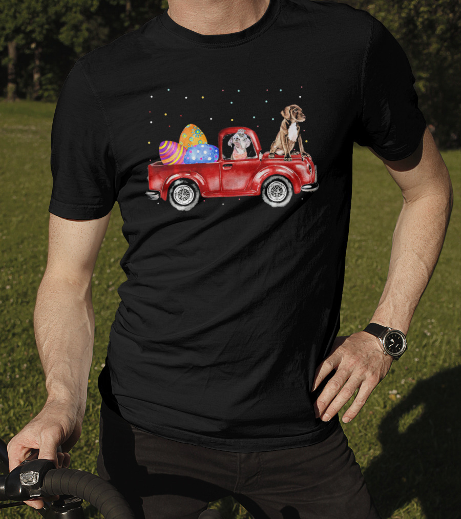 Pitbulls On Easter Egg Truck With Colorful Dots T-Shirt