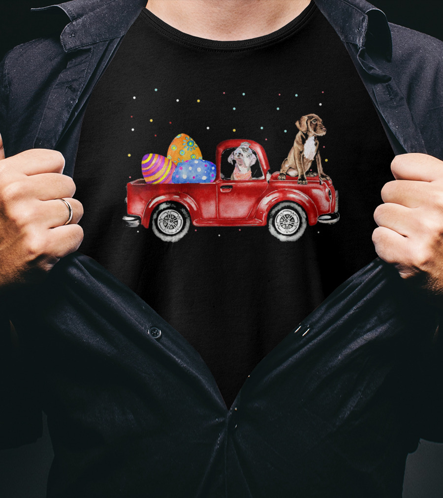 Pitbulls On Easter Egg Truck With Colorful Dots T-Shirt