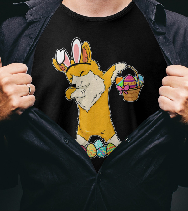 Corgi Dabbing Easter Basket Bunny Ears Eggs T-Shirt